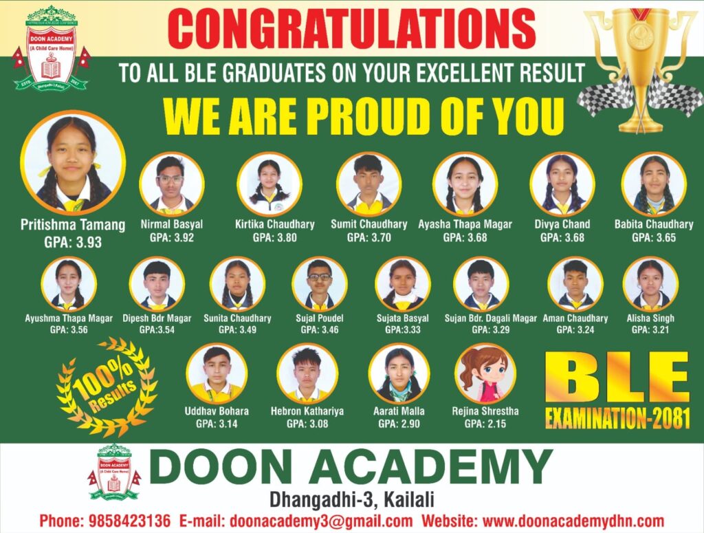 आधारभूत तह कक्षा ८ मा दून एकेडेमीको उत्कृष्ट ग्रेड सहित सतप्रतिशत नतिजा